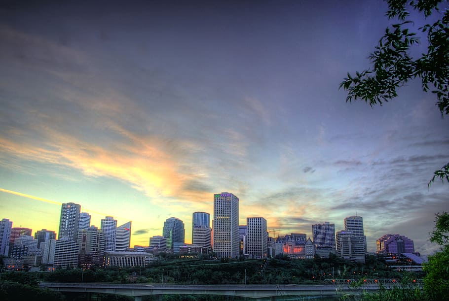 edmonton, canada, sunset, dusk, evening, lights, sky, clouds HD wallpaper