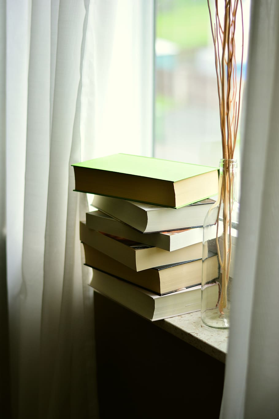 pile of books on window near glass vase, read, book stack, literature HD wallpaper