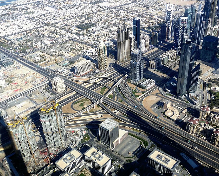 skyscrapers, intersection, view, dubai, emirates, city, aerial View HD wallpaper