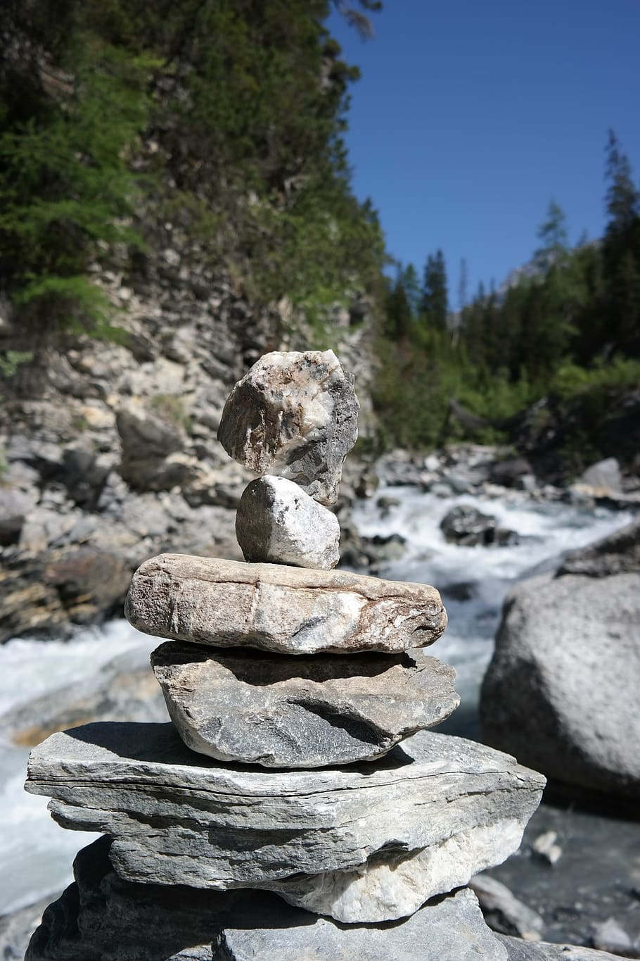 cairn, stones, river, flow, water, balance, stack, rock, solid HD wallpaper