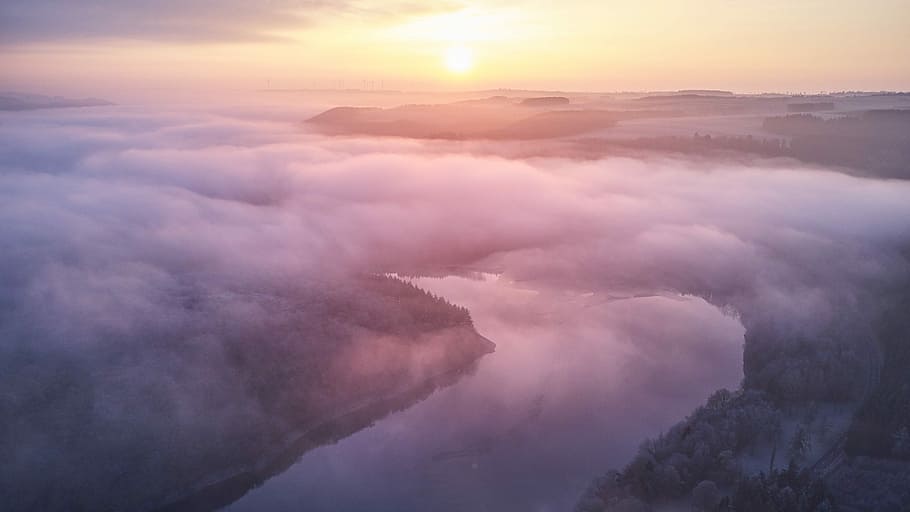 landscape photography of foggy river, time lapsed photography of cumulus cloud under golden hour, HD wallpaper