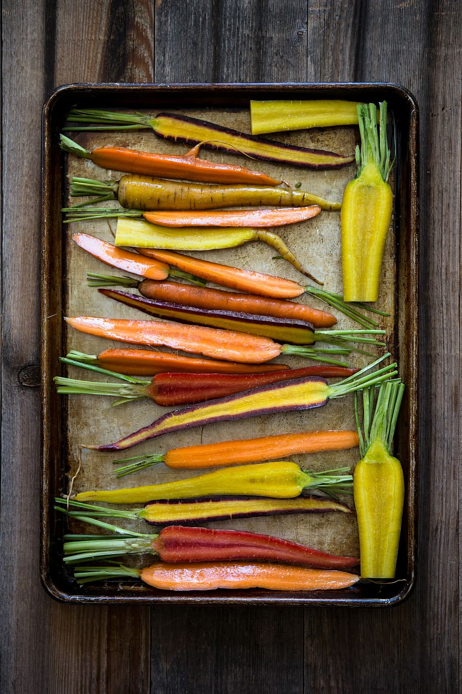 Eat The Rainbow, sliced vegetables on tray, carrots, roasting