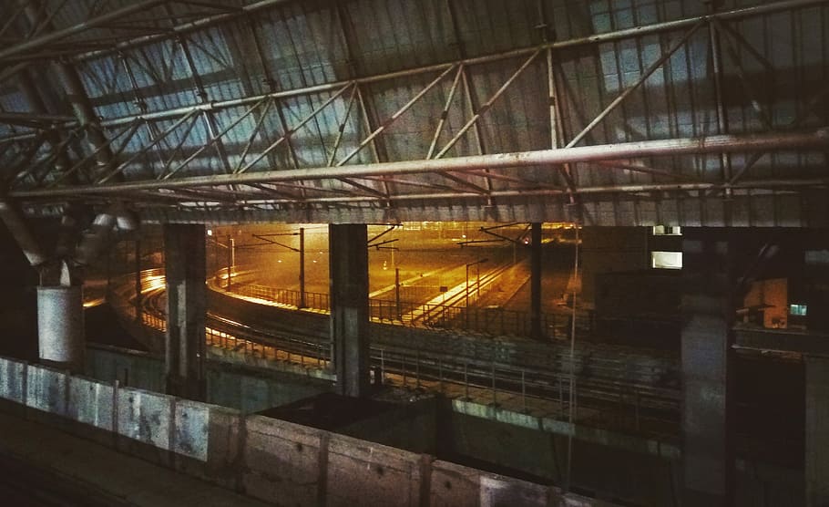 Night Lights on Metro Track, gray steel roof, building, railway HD wallpaper