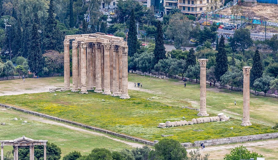 photo of beige pillars near forest, monument, columns, landmark HD wallpaper