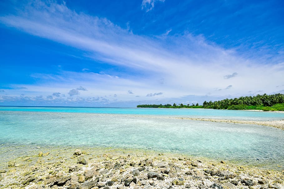sea, nature, sky, water, calm, clouds, idyllic, island, ocean HD wallpaper