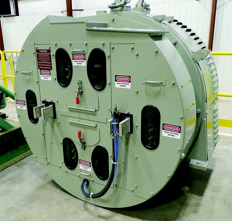 large round green painted steel framed machinery, railroad generator HD wallpaper