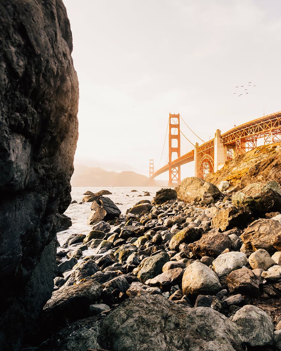 rock formations near body of water, architecture, bridge, sky HD wallpaper