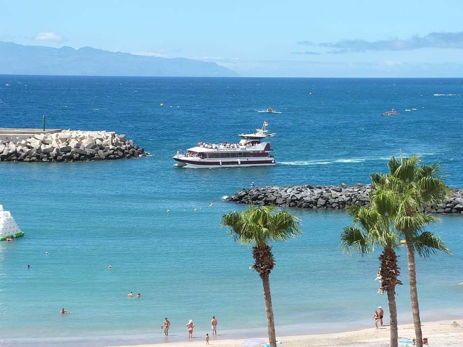 boat, ship, beach, sea, ocean, palms, palm trees, rocks, sky HD wallpaper
