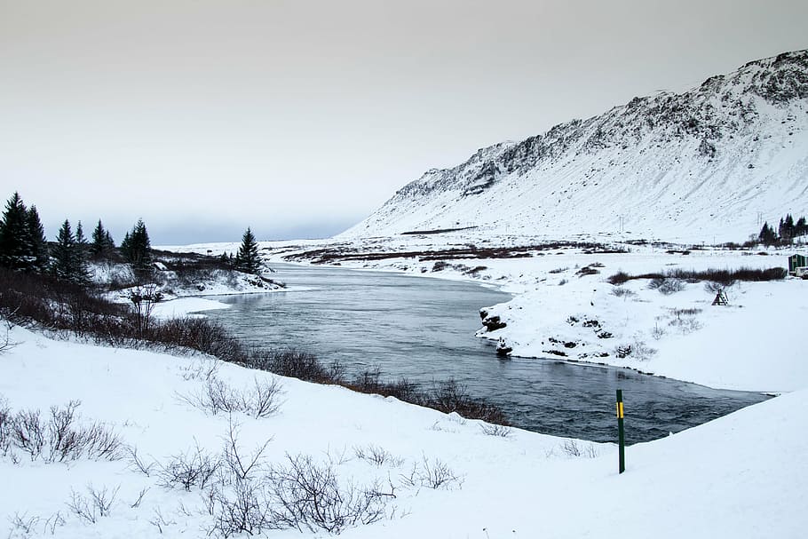 lake, mountain, river, snow, trees, water, winter, cold temperature HD wallpaper
