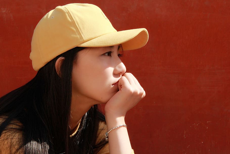 close-up, girls, red, headshot, one person, portrait, hat, women HD wallpaper