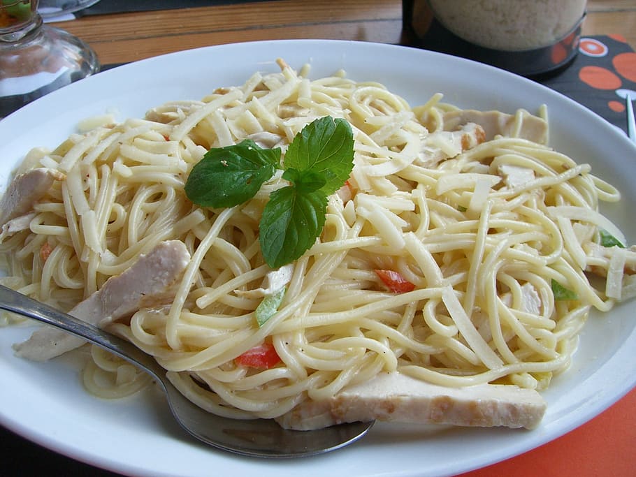 food, tasty, italian, pasta, spaghetti, chicken, creamy, meal, HD wallpaper