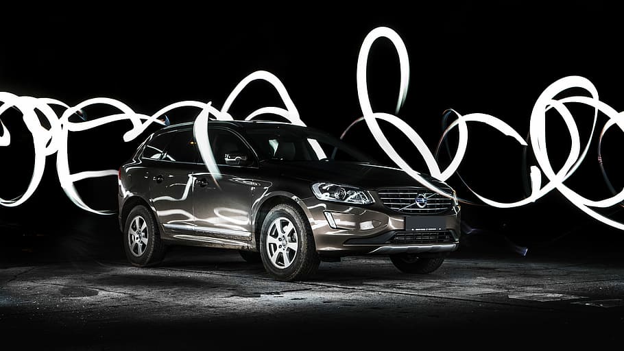 black sports utility vehicle, gry Volvo SUV, car, lights, night HD wallpaper