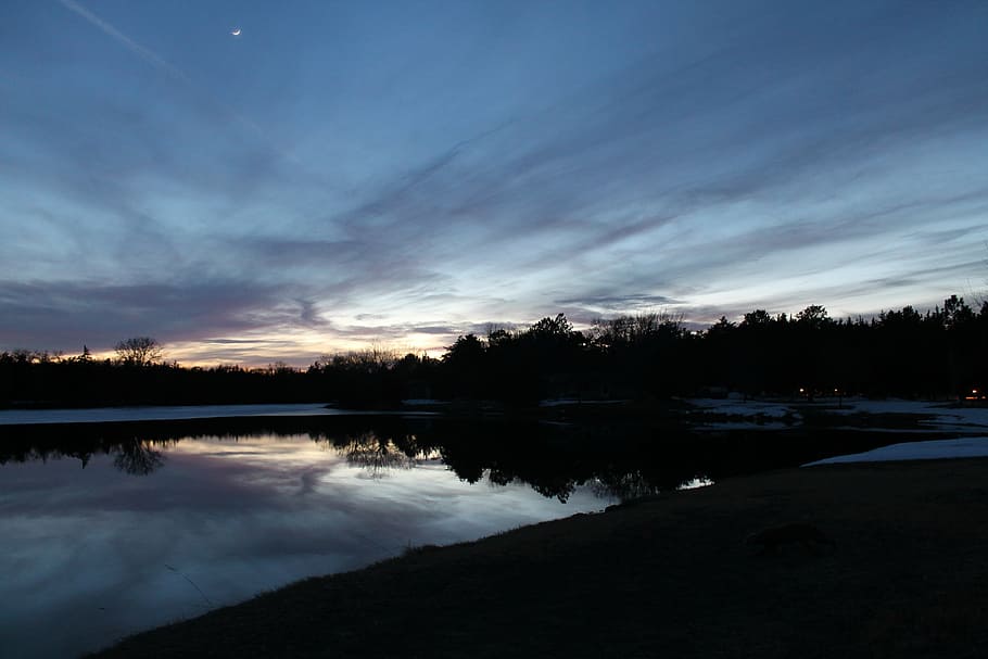 sunset, twilight, lake, reflection, sunset sky, evening, silhouette HD wallpaper