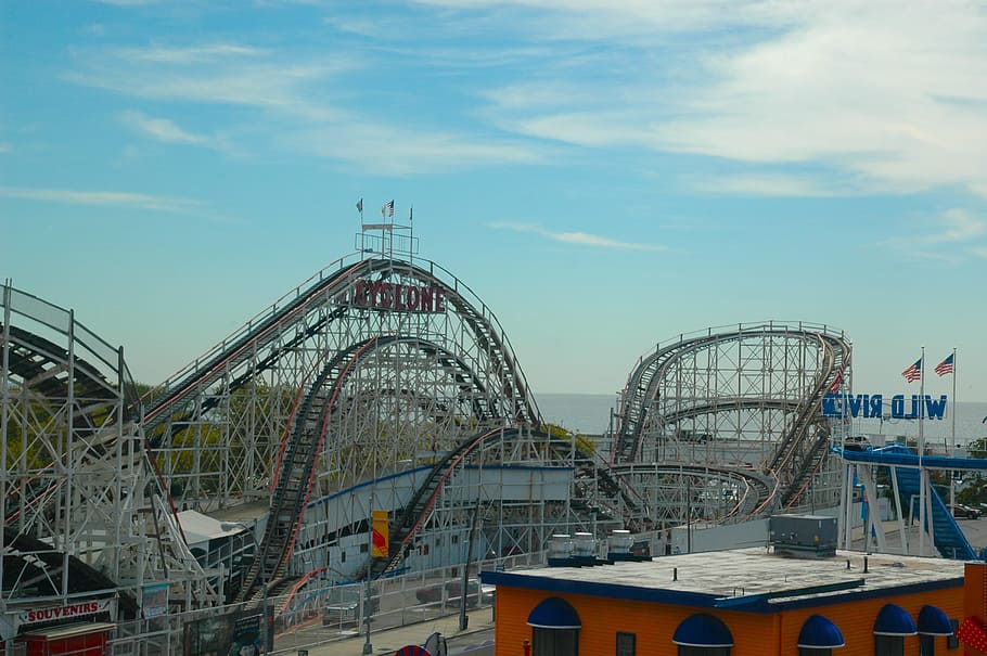 amusement park during daytime, roller coaster, theme park, fun, HD wallpaper