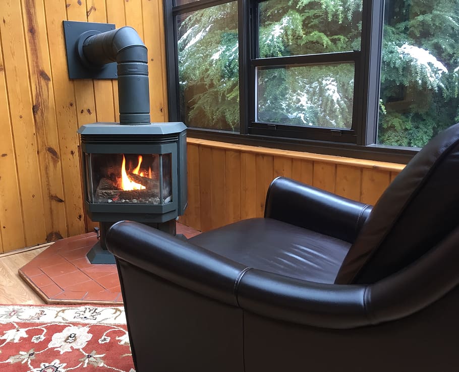 fireplace, armchair, comfort, window, winter, warm and cozy, HD wallpaper