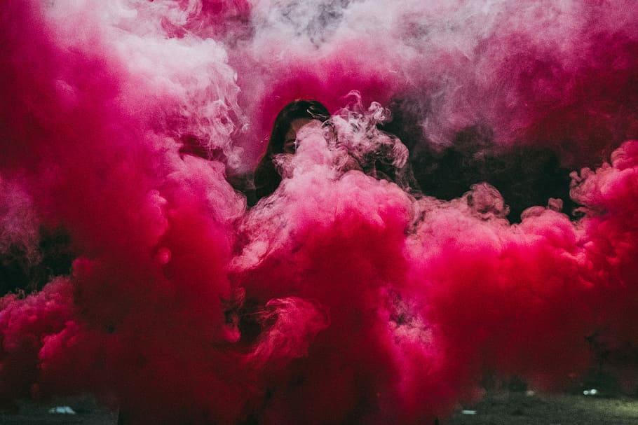 woman covered with pink smoke bomb, person covered with pink smog, HD wallpaper