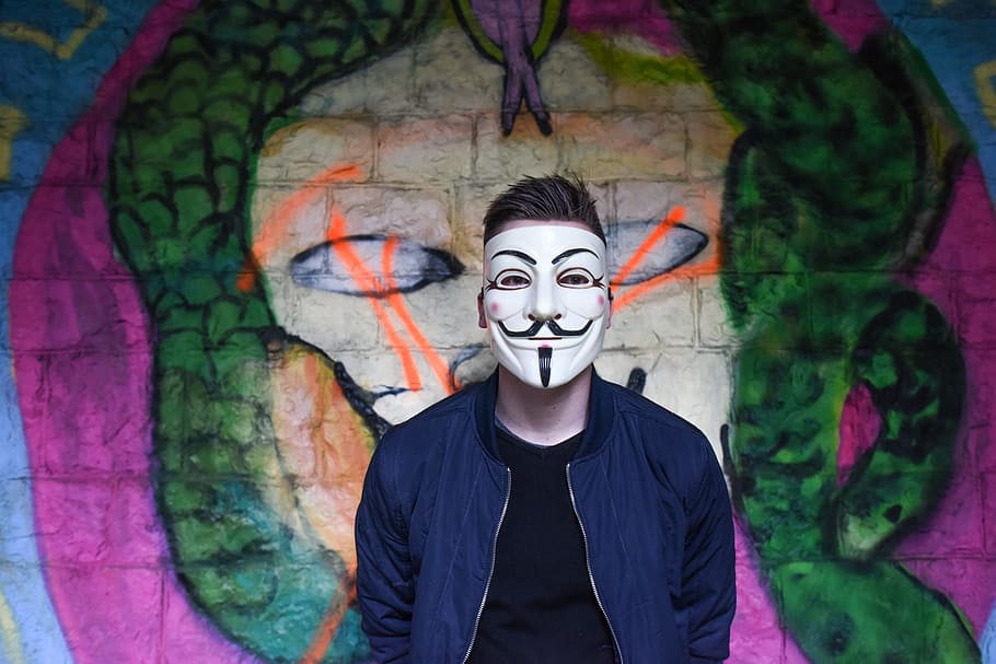 man wearing blue zip-up jacket, anonymous, graffiti, mask, boy HD wallpaper