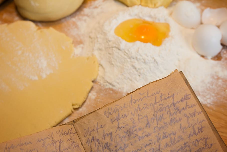 flour and egg on desk, floor, recipe book, table, cheek, old, HD wallpaper
