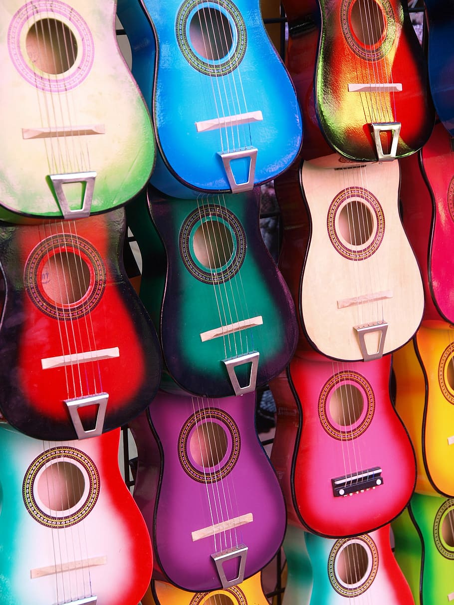 assorted-color acoustic guitar lot, play, fun, child, isolated, HD wallpaper