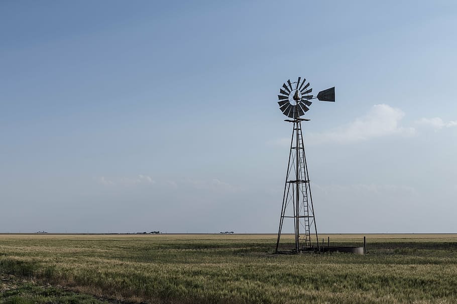 gray windmill on grass field, western, texas, panhandle, sky