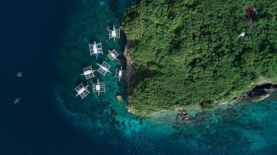 aerial photography of several white boats near island, aerial photo of boats on sea HD wallpaper