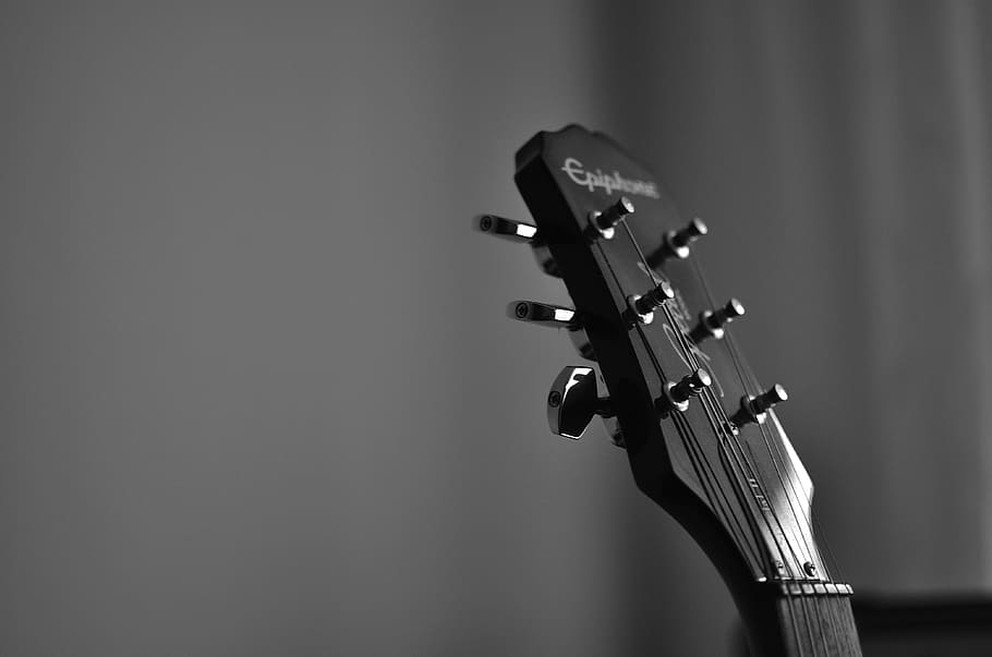 black Epiphone guitar headsctock, guitar strings, music, instrument