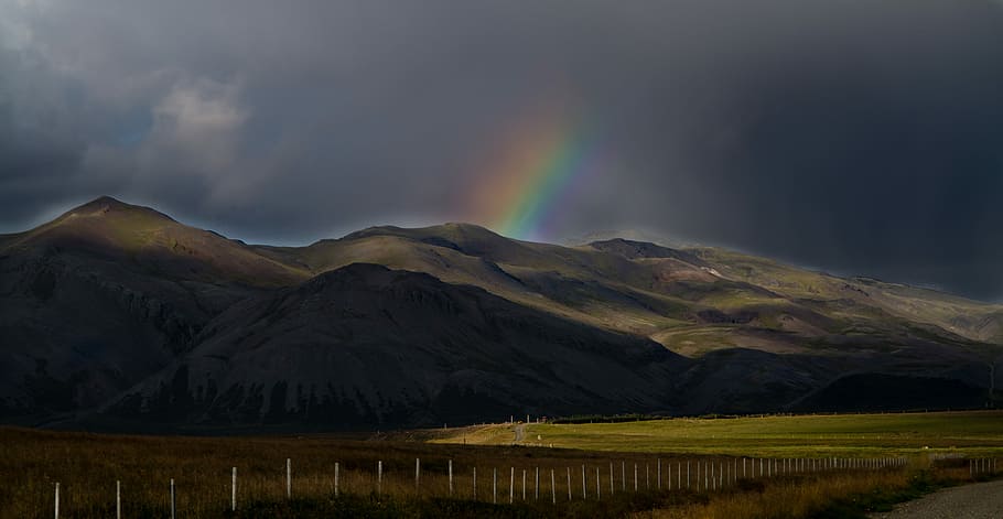 The rest of the rainbow, rainbow behind mountains, landscape HD wallpaper