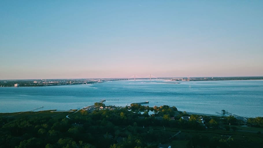 bird's-eye view photography of trees near body of water, high-angle photography of buildings near body of water HD wallpaper