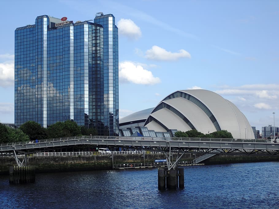 blue building beside white dome stucture, secc, glasgow, buildings HD wallpaper