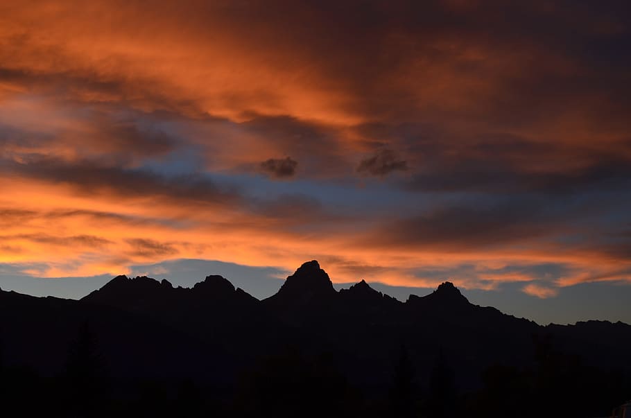 beige and gray cloud, sunset, landscape, mountain, orange, red HD wallpaper