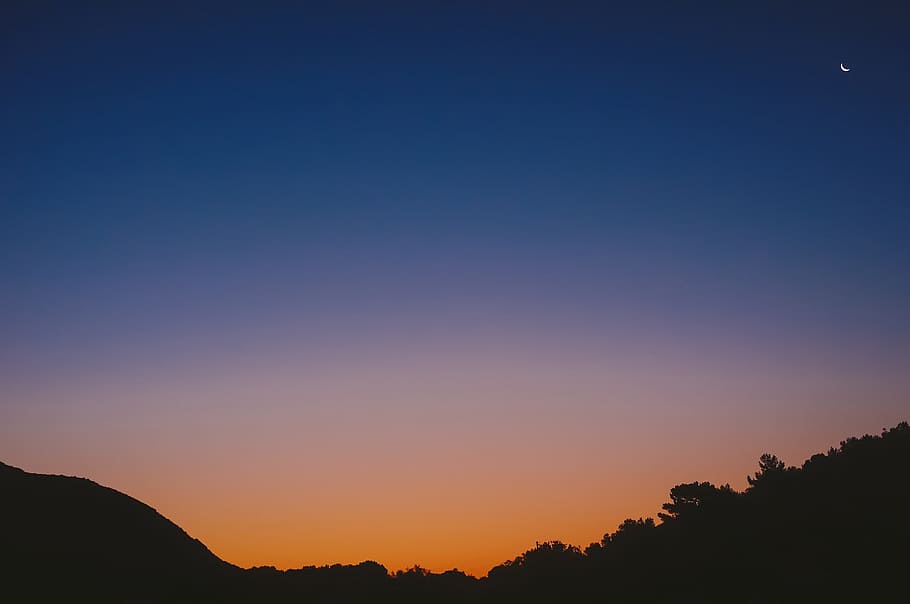 blue, orange, sky, sunset, moon, silhouette, mountains, trees HD wallpaper