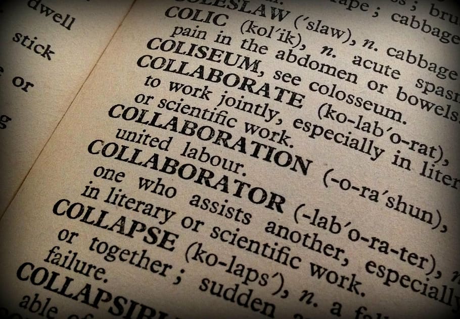 white book, collaboration, collaborator, dictionary, words HD wallpaper