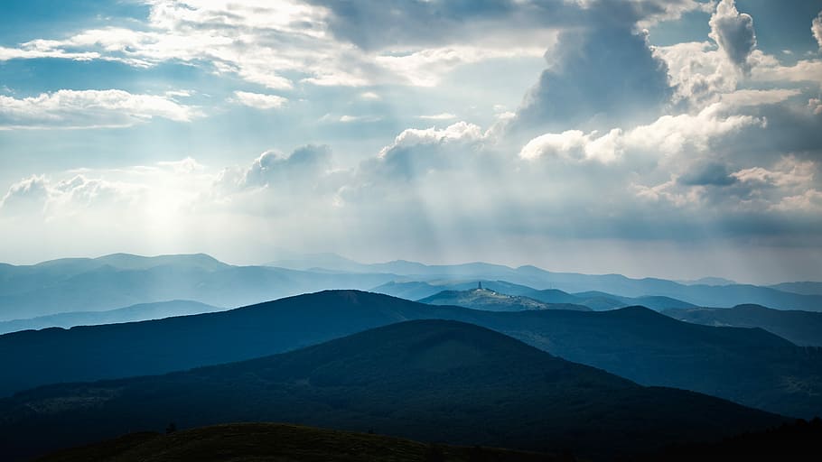 mountain range under blue cloudy skies, landscape, mist, fog HD wallpaper