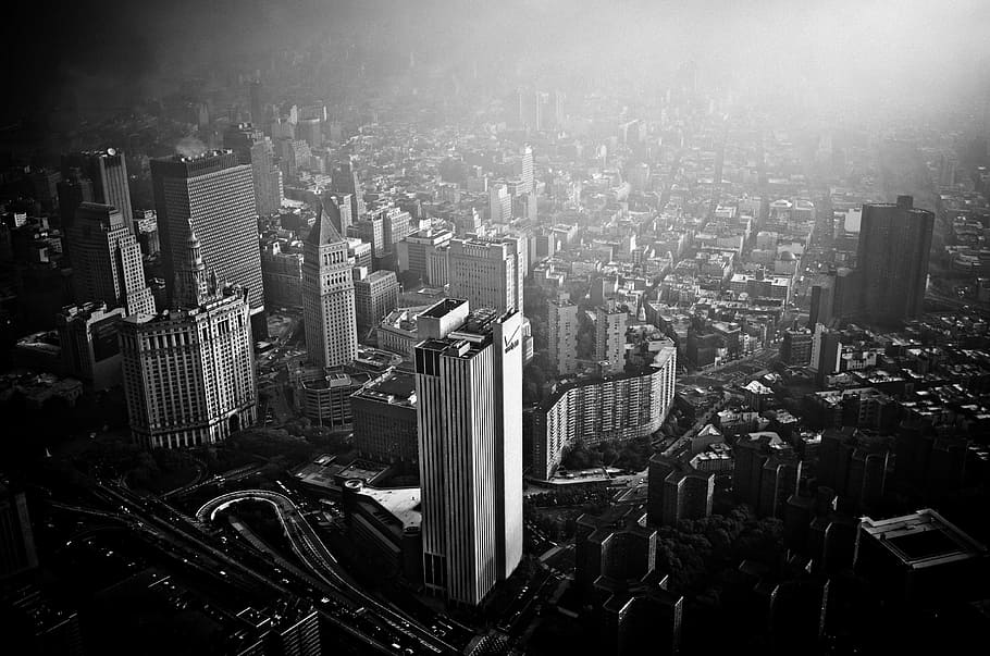 aerial photography of city buildings, grayscale photography of skyline HD wallpaper