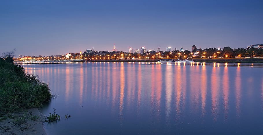 light-on building near body of water, warsaw, wisla, dawn, night HD wallpaper