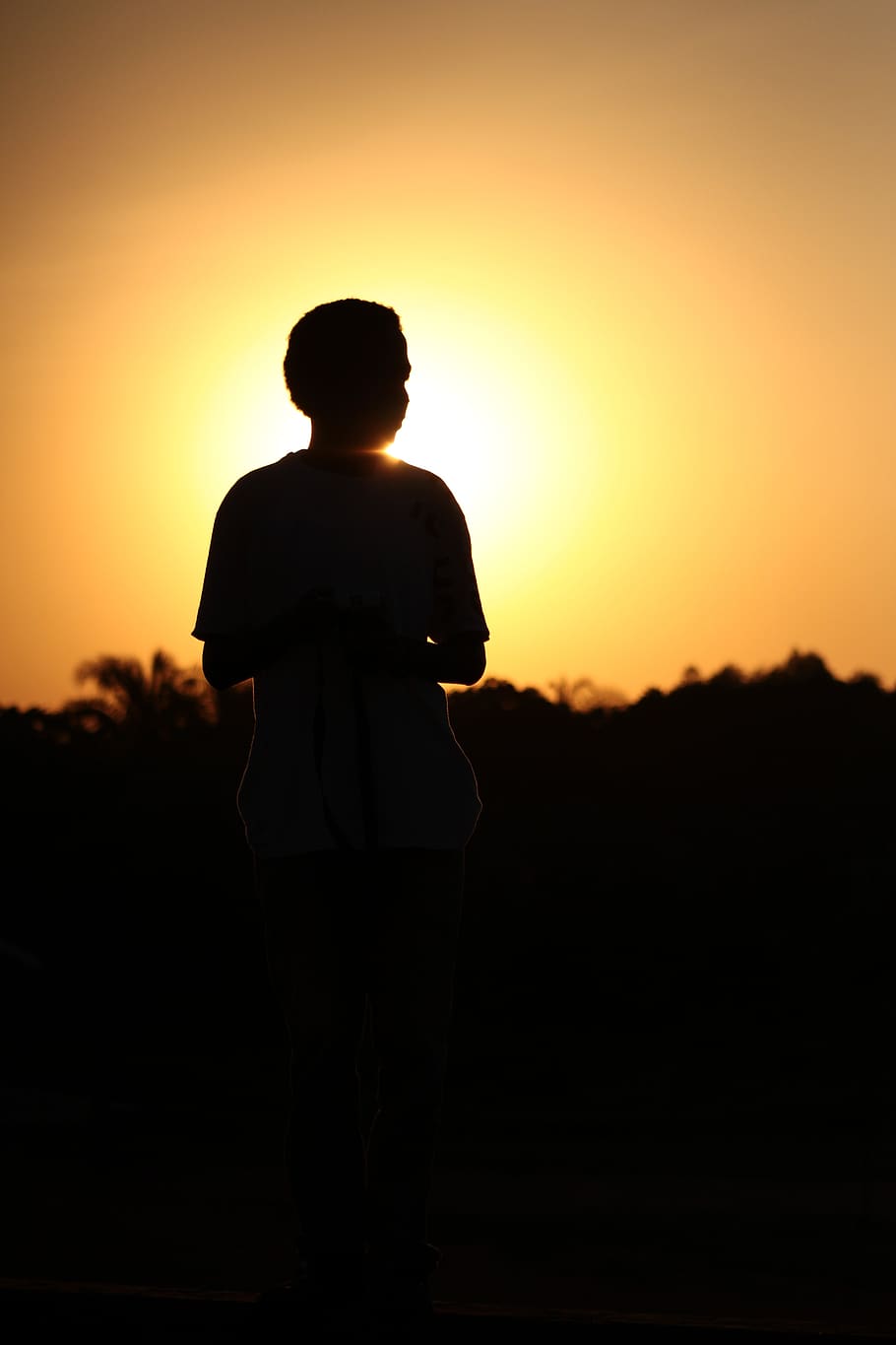sunset, silhouette, man, standing, orange color, sky, one person HD wallpaper