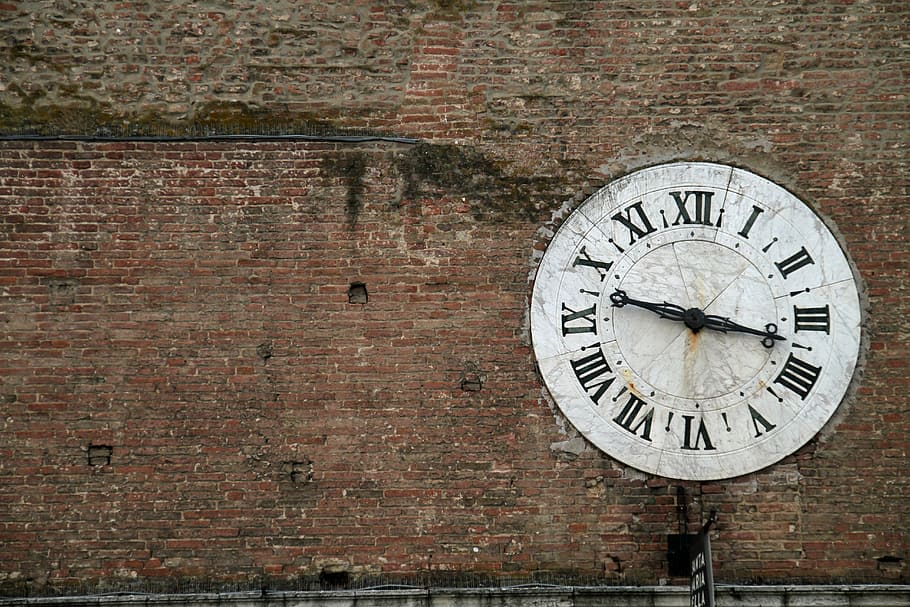 round white analog clock on wall at daytime, wall clock, brick wall HD wallpaper