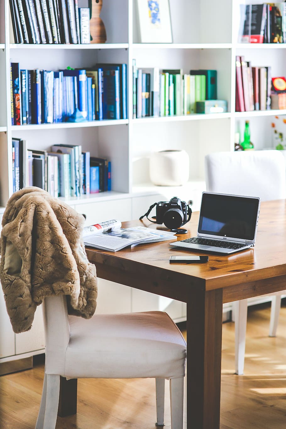 fleece vest on chair in front of table, working, space, desk HD wallpaper