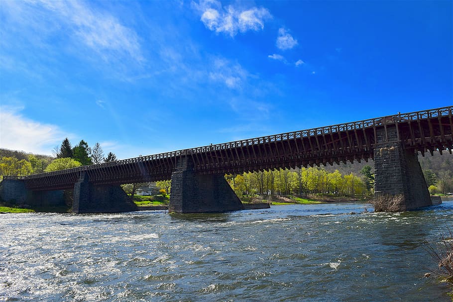 bridge, river, sunshine, water, clouds, sky, blue, nature, architecture HD wallpaper