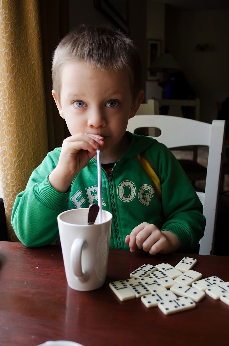 boy zipping on straw at the table, child, cocoa, hot, drink HD wallpaper