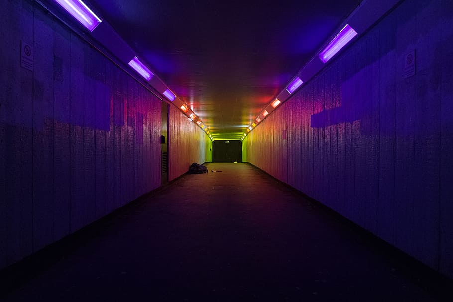hallway with Ultraviolet light, alley with purple lights, indoors HD wallpaper