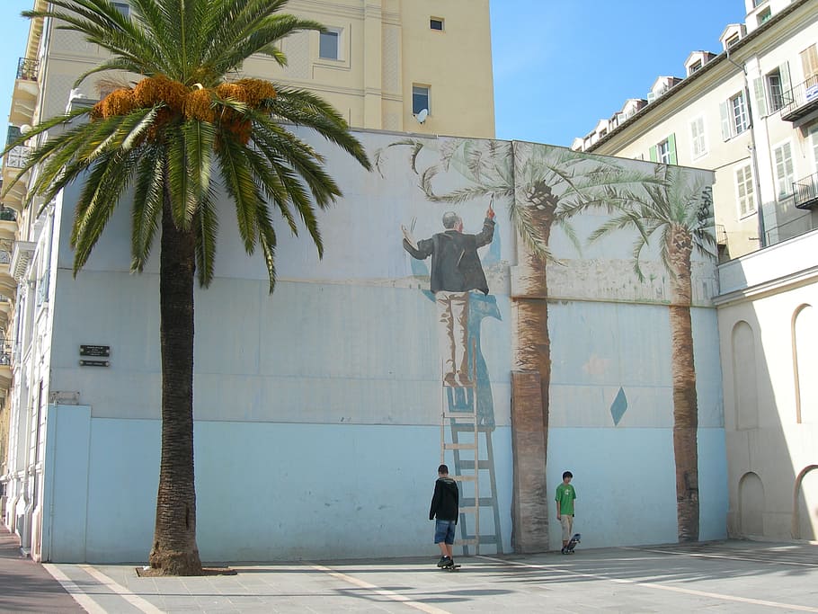 cans, plaza, graffiti, built structure, architecture, palm tree HD wallpaper