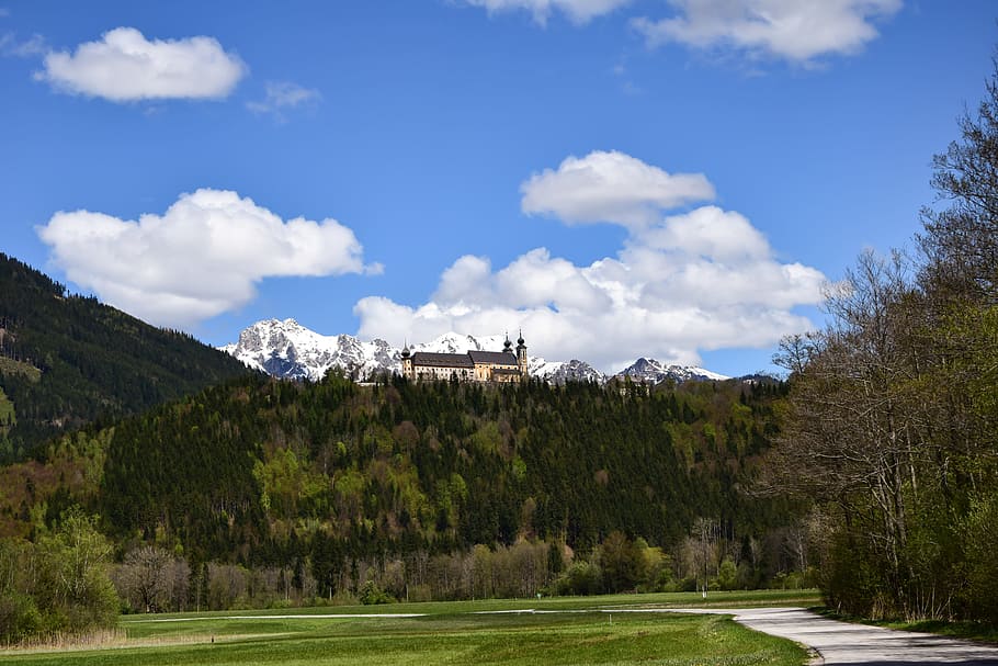 castle, alps, mountains, landscape, monument, tree, cloud - sky HD wallpaper