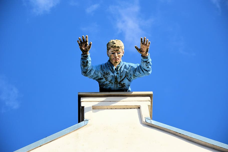 man, doll, rooftop, decoration, puppet, human, person, sculpture HD wallpaper