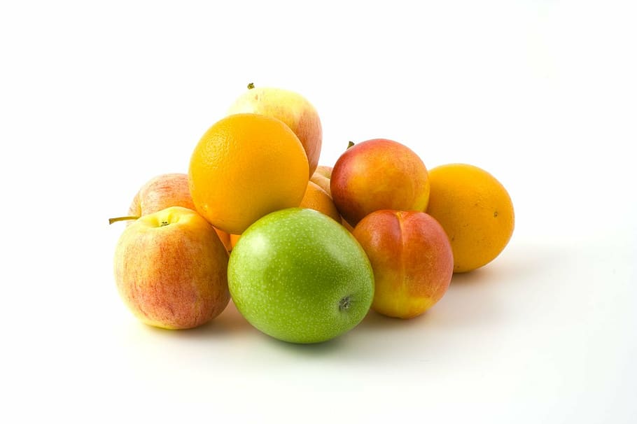several pile of fruits, apples, oranges, peaches, tasty, fresh HD wallpaper