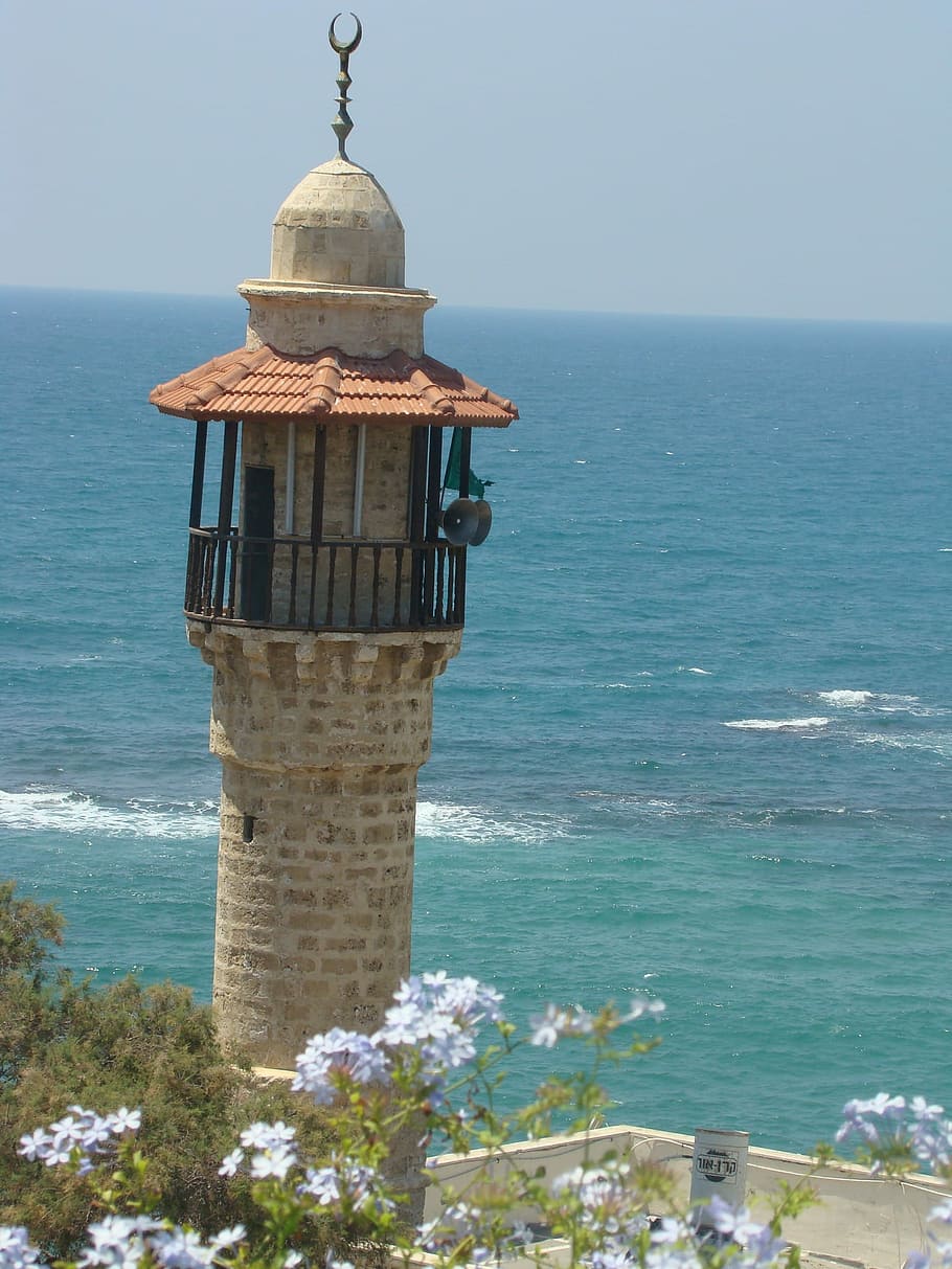 Lighthouse, Israel, mar, sea, water, beach, horizon over water HD wallpaper
