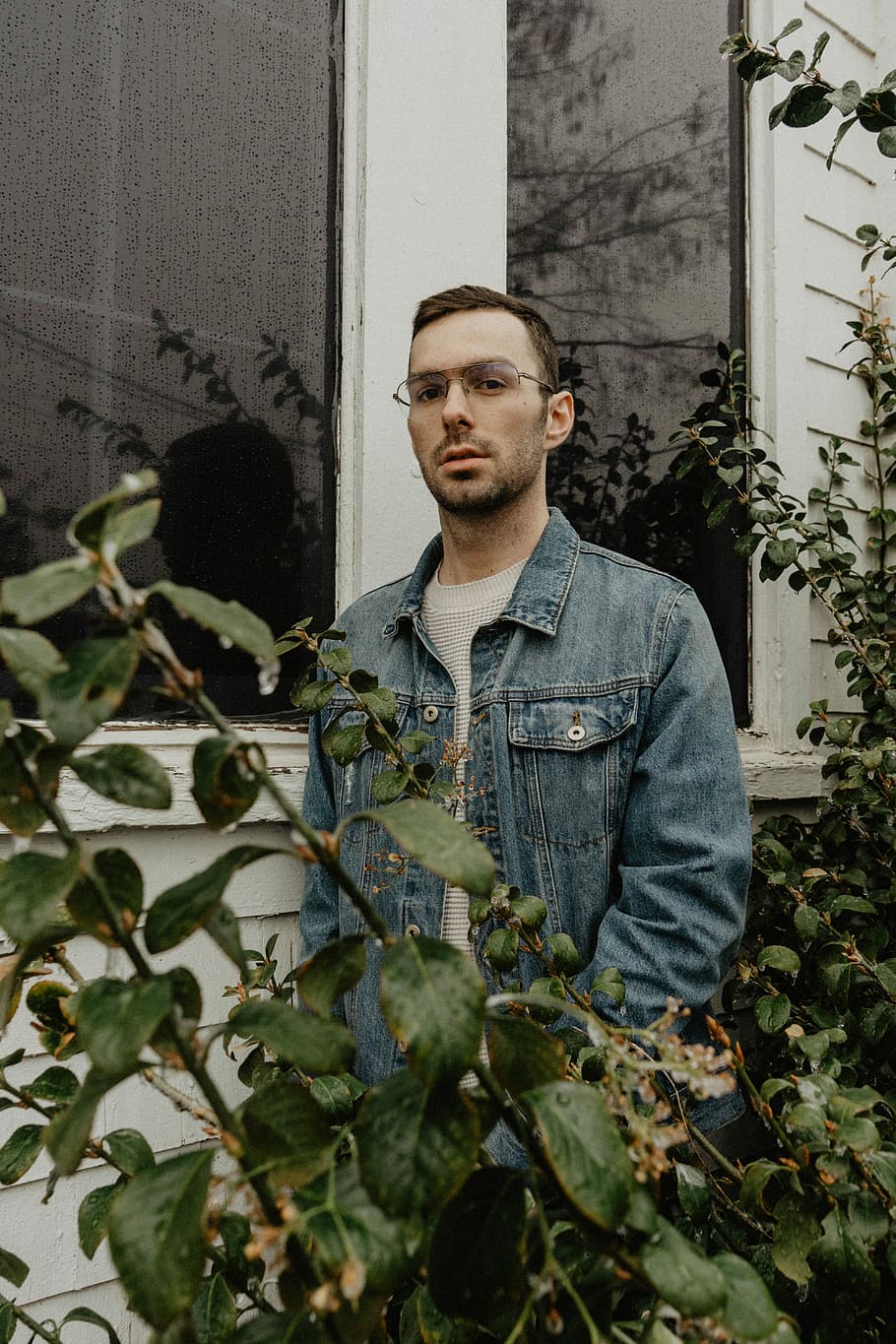 man wearing blue denim button-up jacket near green leaves, man standing near building window and plant while wearing blue denim jacket during daytime HD wallpaper