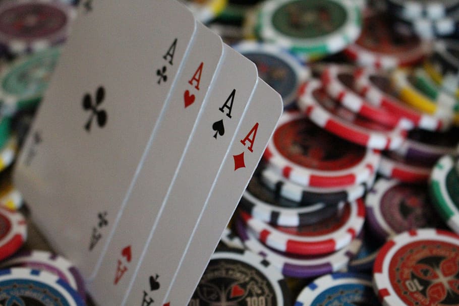 four Ace playing cards on poker chips, Game, Money, Color, Team, HD wallpaper