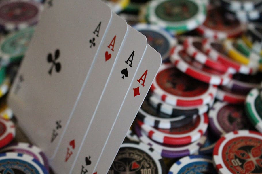 four Ace playing cards on poker chips, Game, Money, Color, Team HD wallpaper