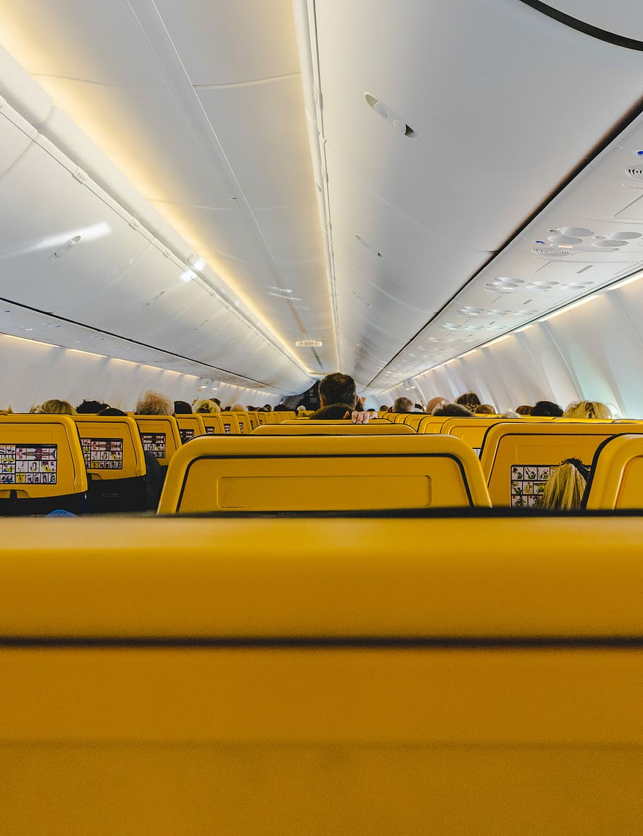 airplane interior, yellow train chairs, seating, flight seating HD wallpaper